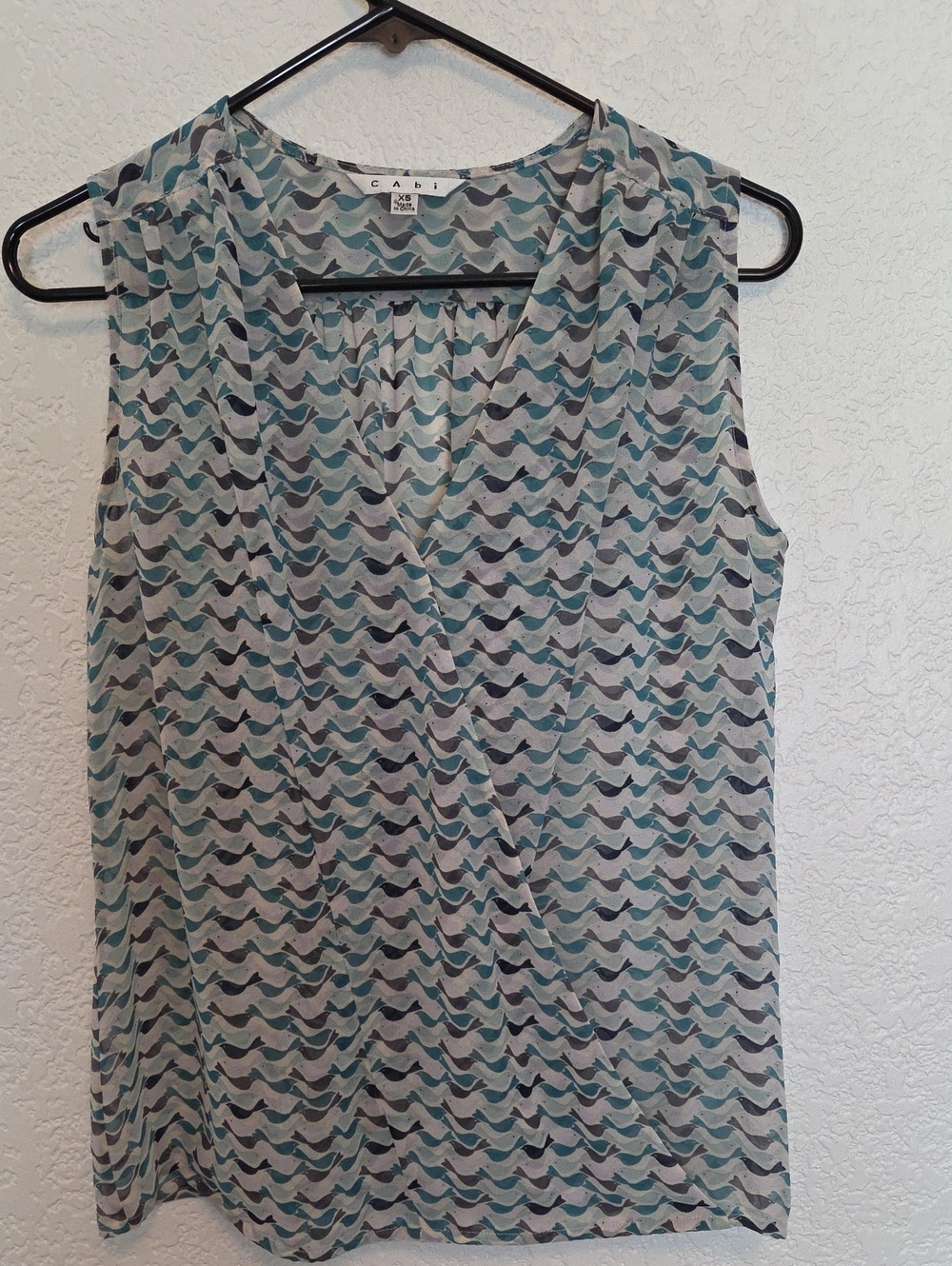 CAbi Teal and Gray Sleeveless Faux-Wrap Bird Print Top, Size XS